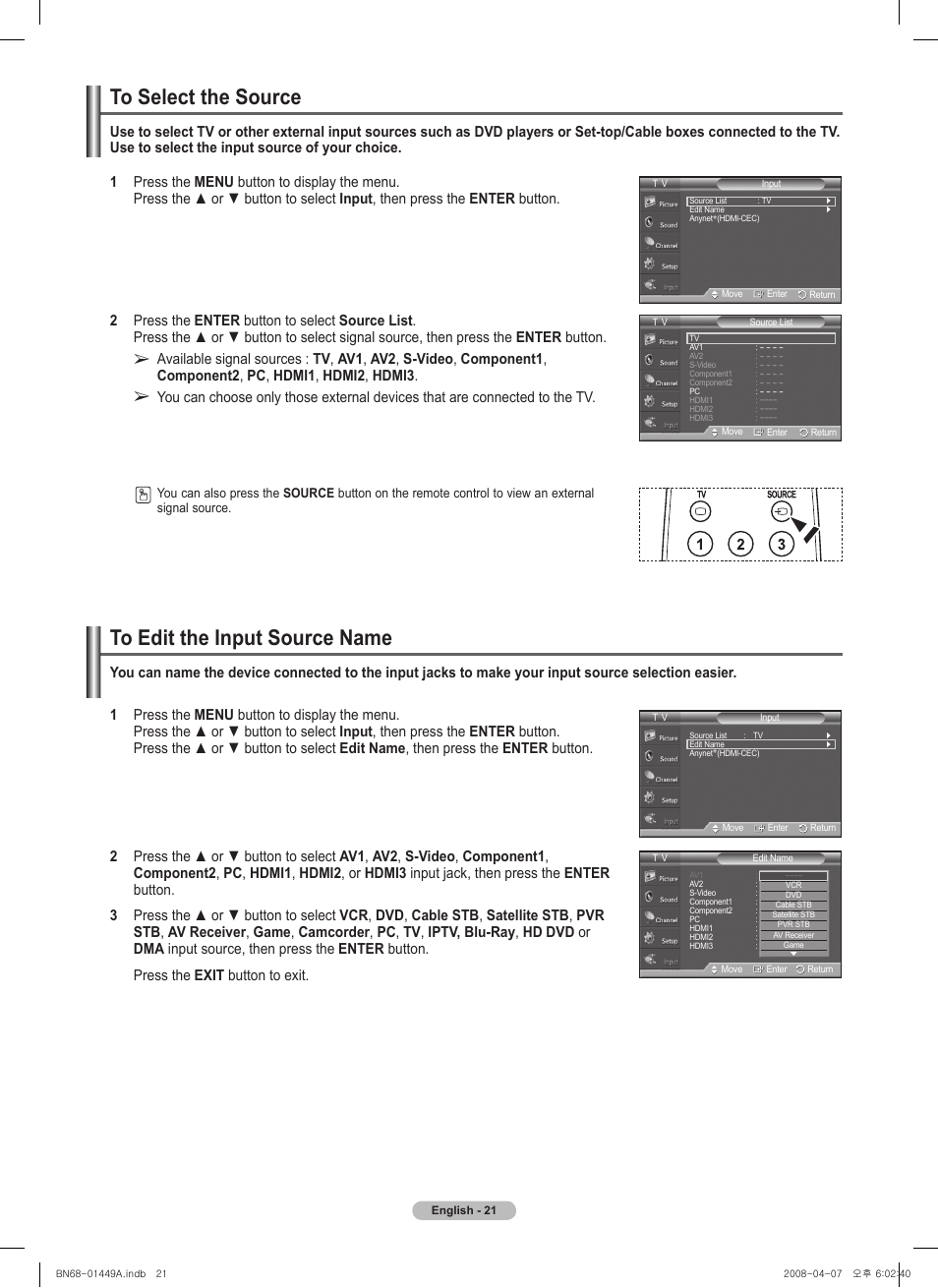 To select the source, To edit the input source name | Samsung PL50A450P1XZP User Manual | Page 21 / 123