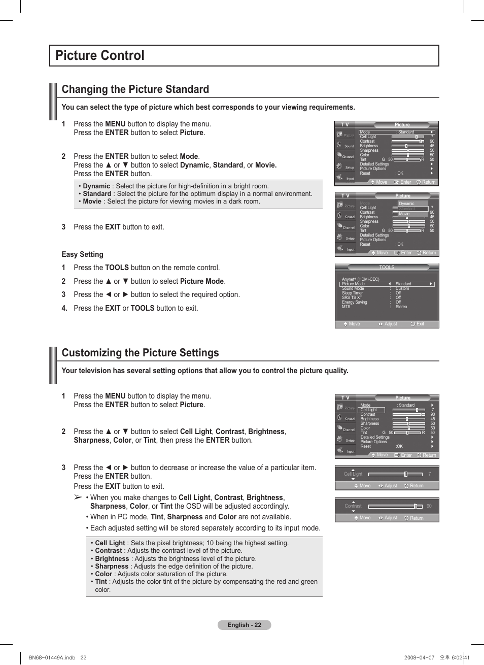 Picture control, Changing the picture standard, Customizing the picture settings | Samsung PL50A450P1XZP User Manual | Page 22 / 123