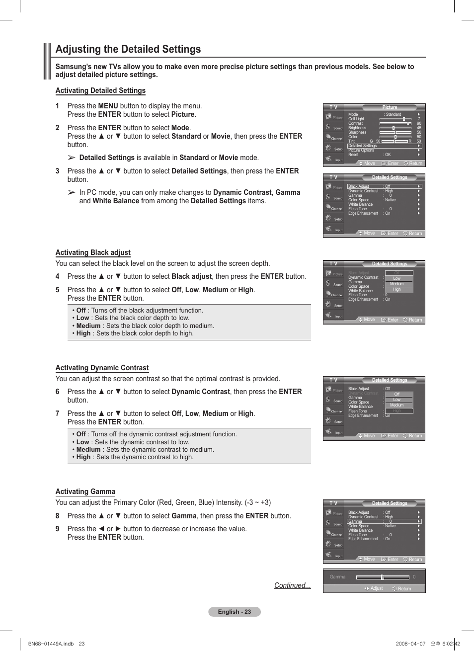 Adjusting the detailed settings | Samsung PL50A450P1XZP User Manual | Page 23 / 123