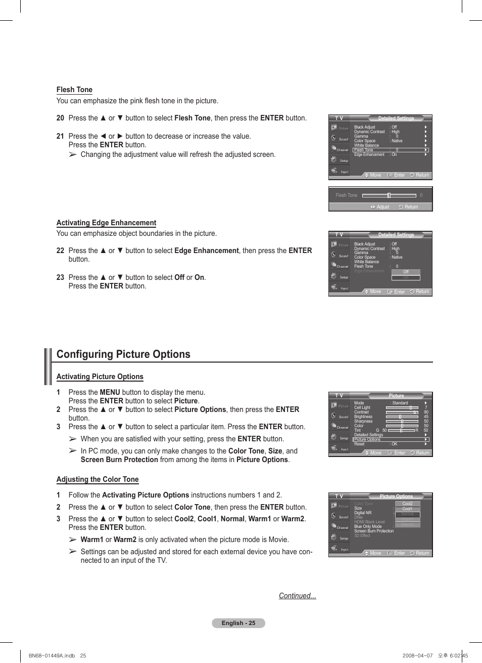 Configuring picture options | Samsung PL50A450P1XZP User Manual | Page 25 / 123