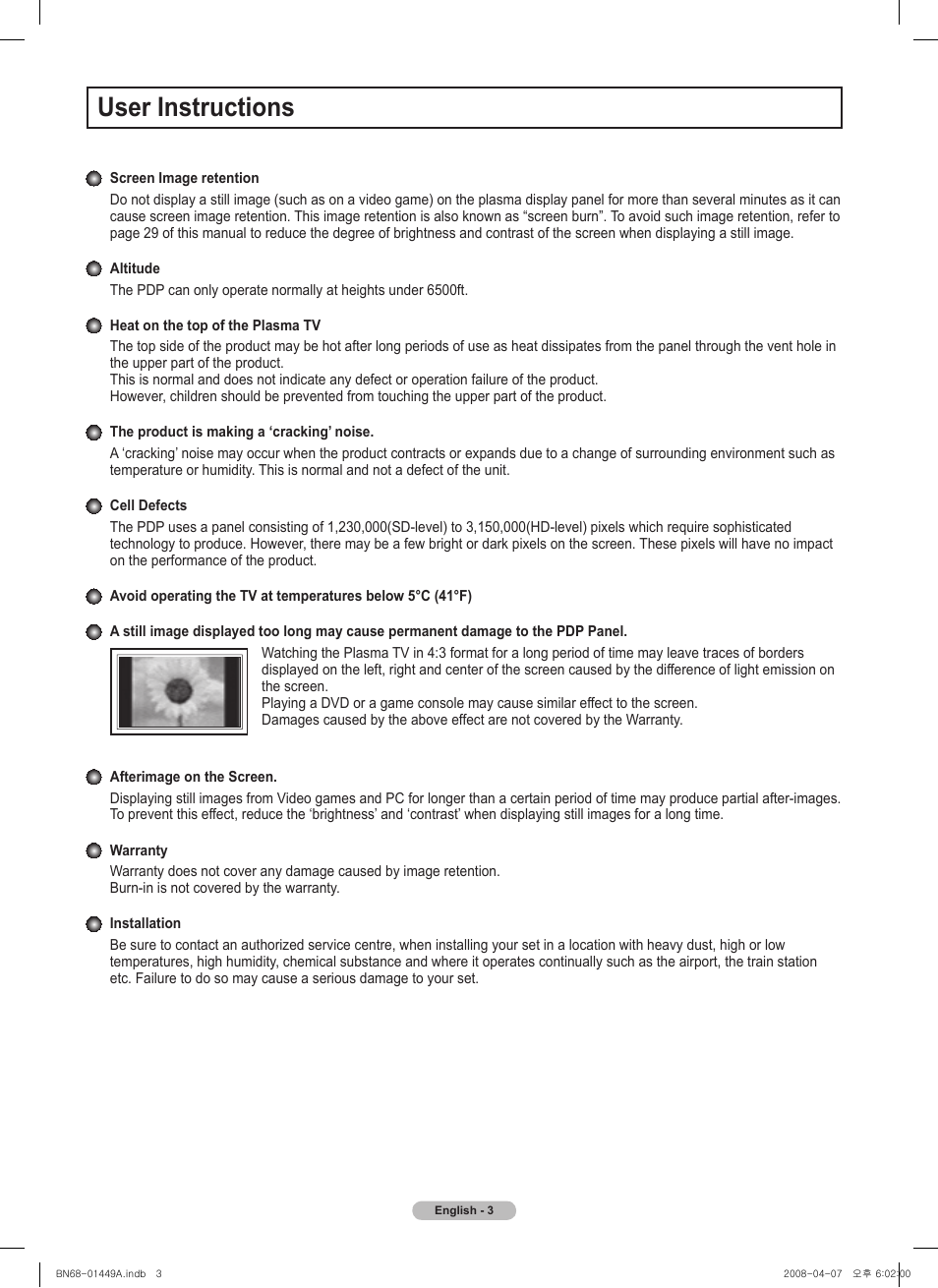 User instructions | Samsung PL50A450P1XZP User Manual | Page 3 / 123