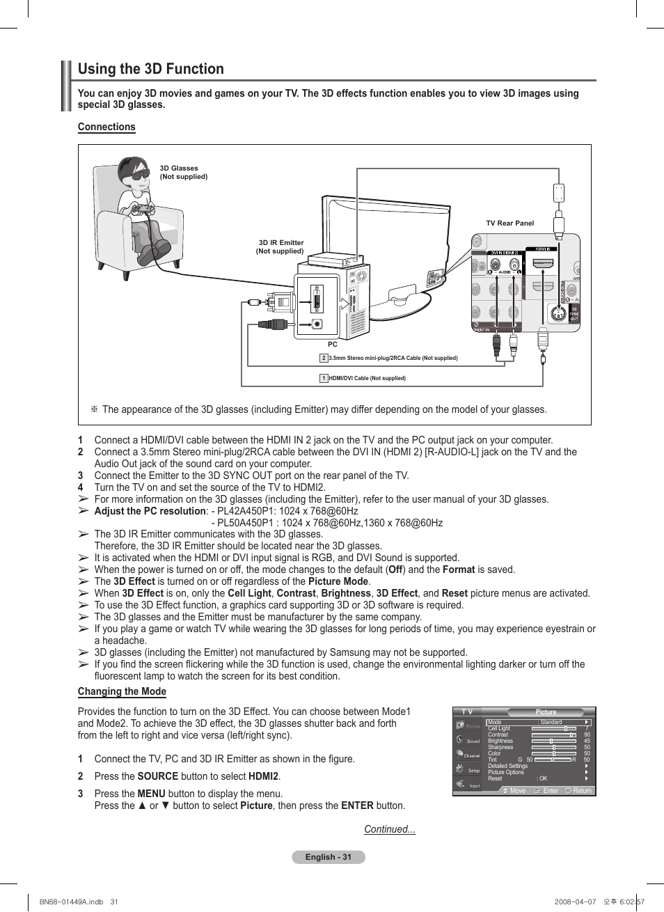 Using the d function, Using the d function | Samsung PL50A450P1XZP User Manual | Page 31 / 123