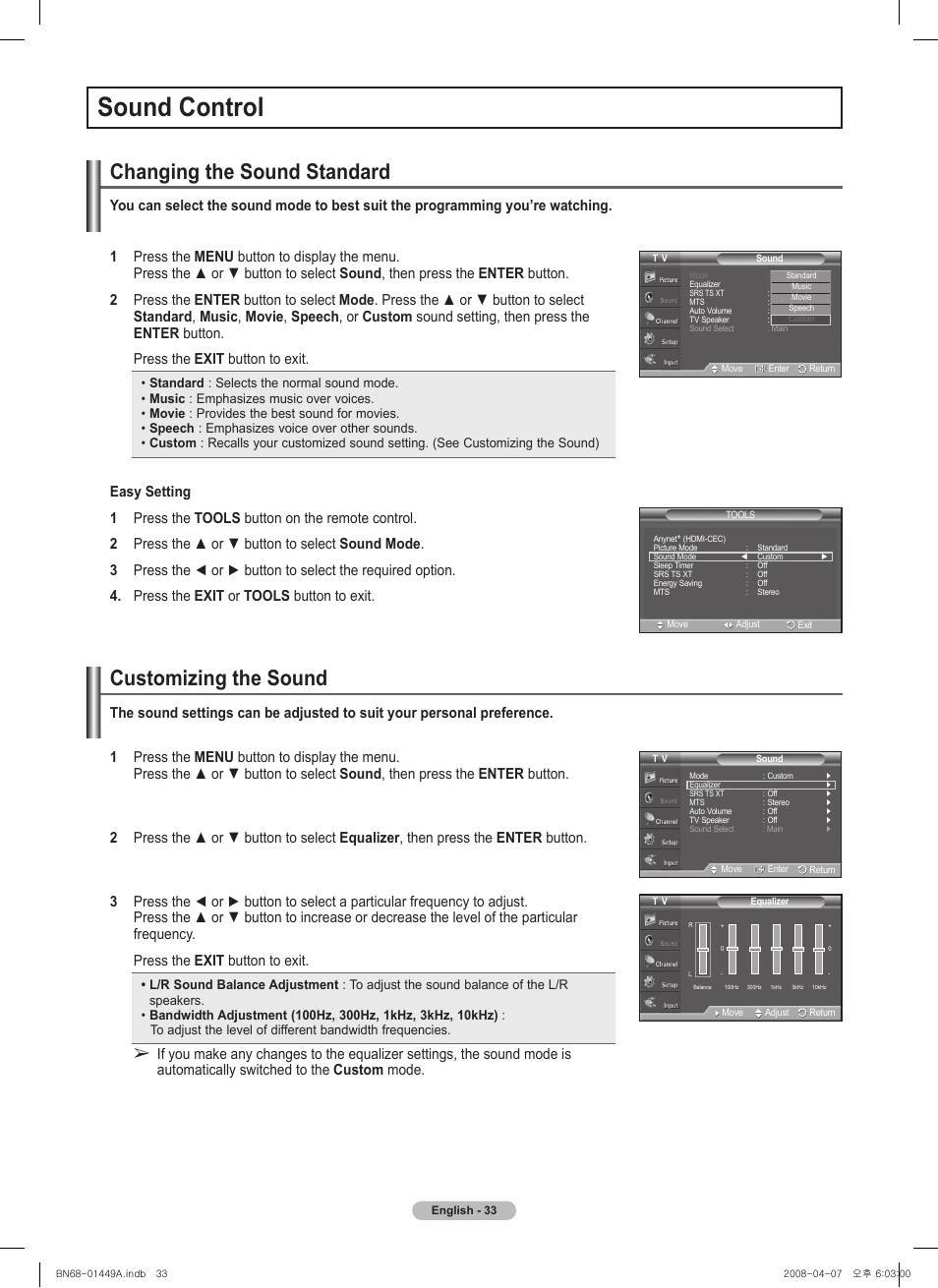 Sound control, Changing the sound standard, Customizing the sound | Samsung PL50A450P1XZP User Manual | Page 33 / 123