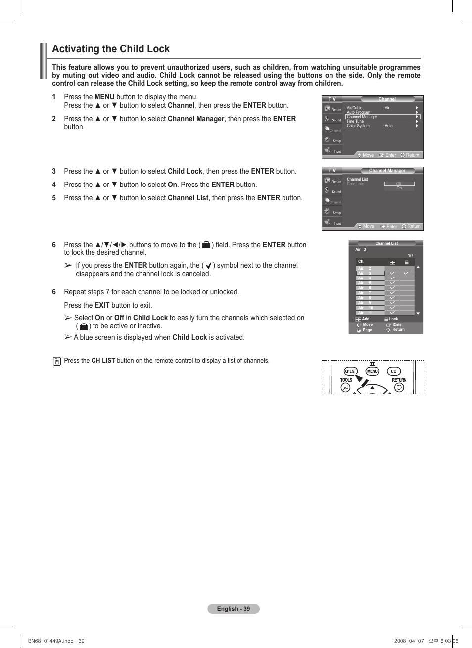 Activating the child lock, If you press the enter button again, the | Samsung PL50A450P1XZP User Manual | Page 39 / 123