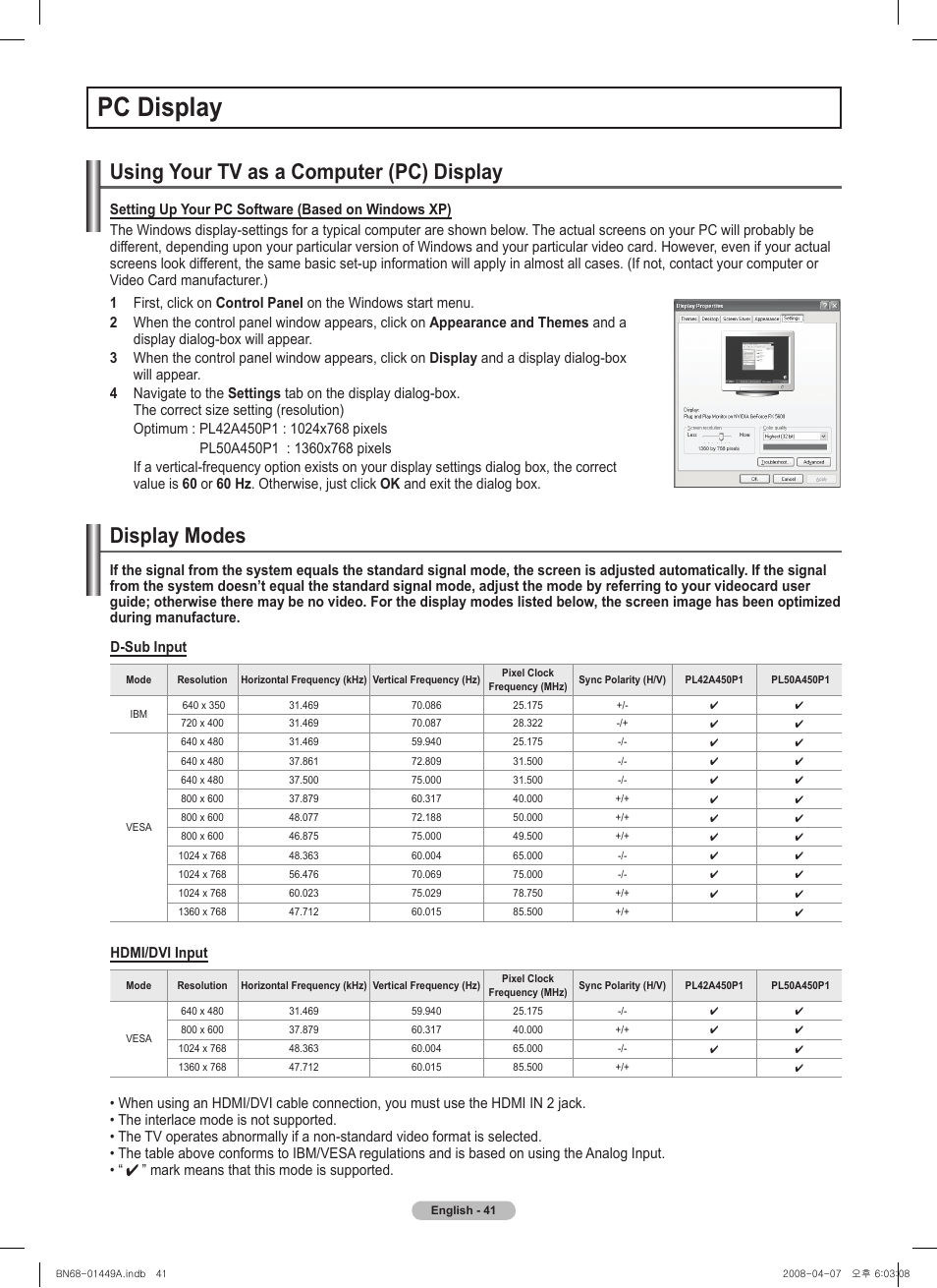 Pc display, Using your tv as a computer (pc) display, Display modes | Samsung PL50A450P1XZP User Manual | Page 41 / 123