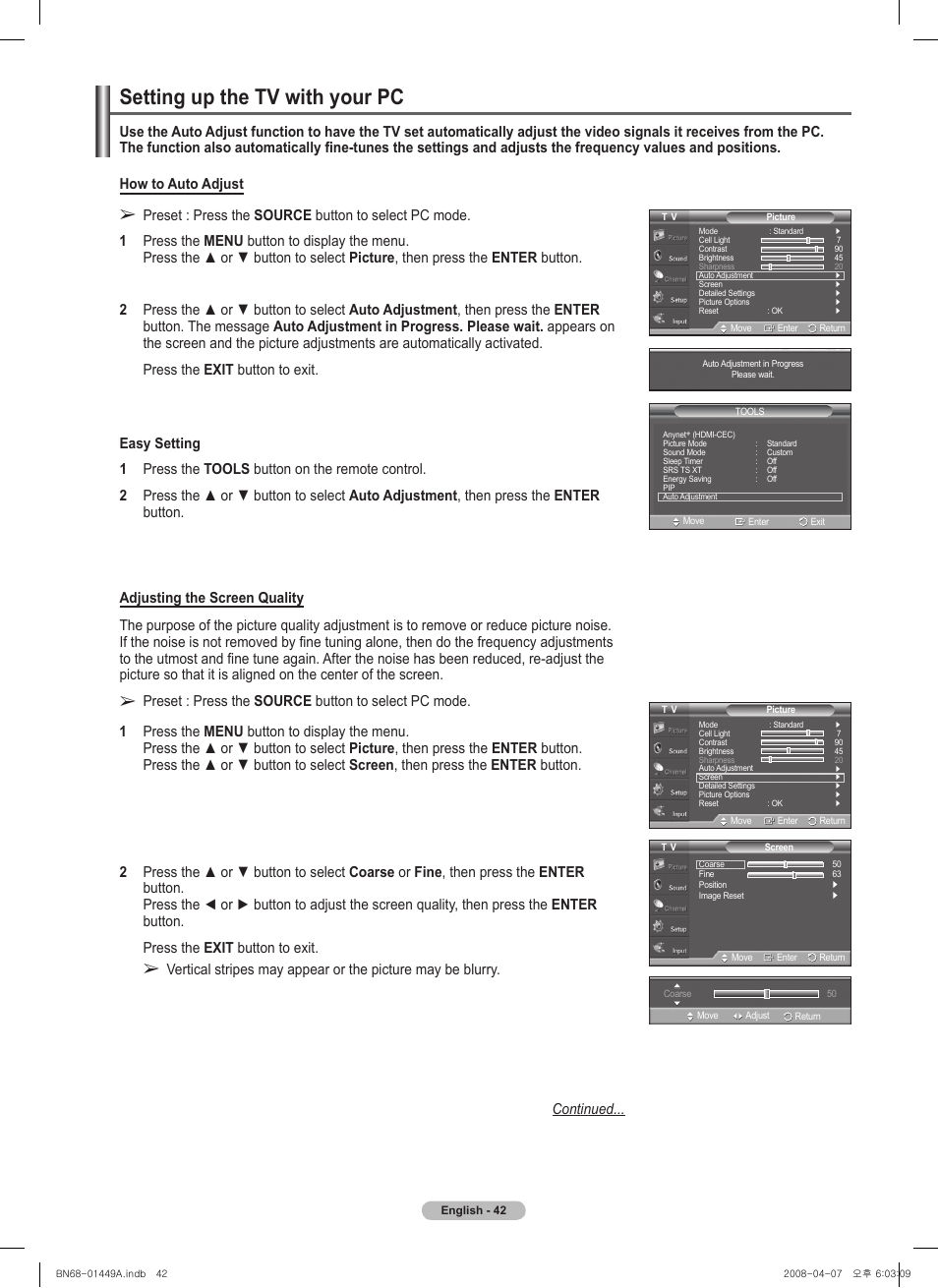 Setting up the tv with your pc | Samsung PL50A450P1XZP User Manual | Page 42 / 123
