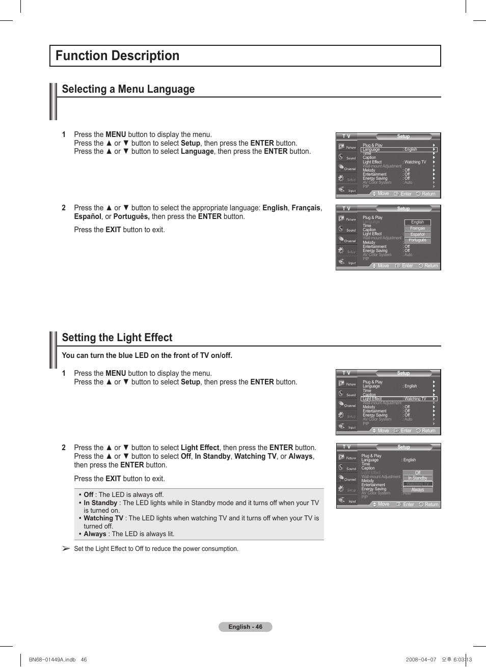 Function description, Selecting a menu language, Setting the light effect | Samsung PL50A450P1XZP User Manual | Page 46 / 123