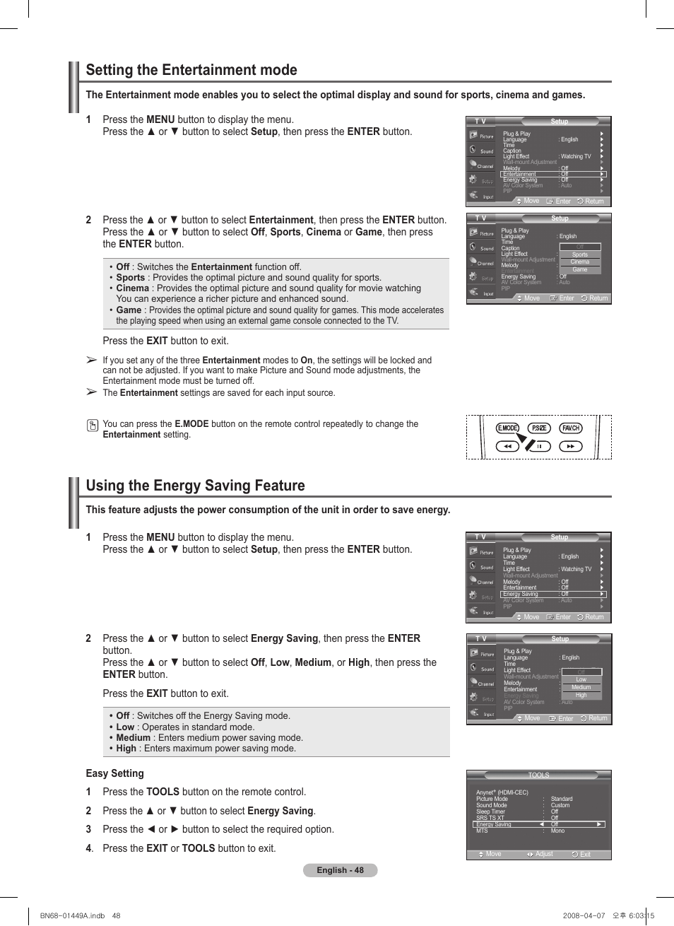 Setting the entertainment mode, Using the energy saving feature, Press the exit button to exit | Samsung PL50A450P1XZP User Manual | Page 48 / 123