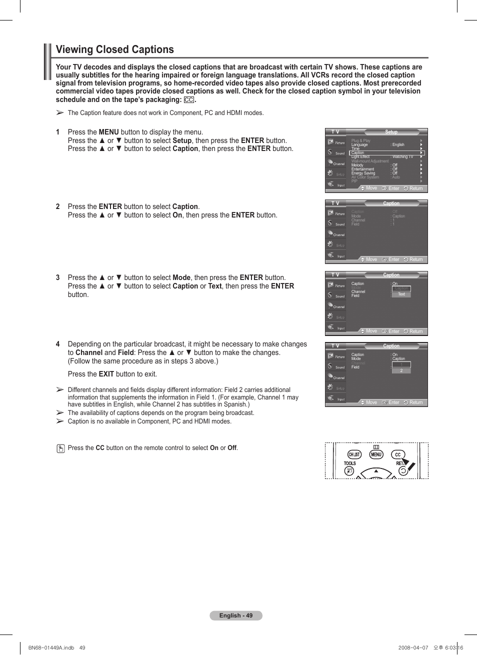 Viewing closed captions | Samsung PL50A450P1XZP User Manual | Page 49 / 123