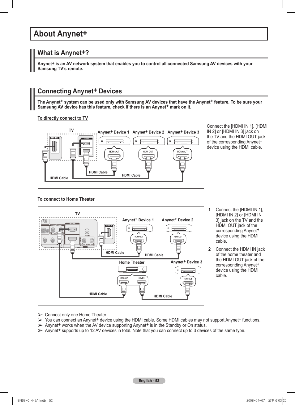 About anynet, What is anynet, Connecting anynet+ devices | Samsung PL50A450P1XZP User Manual | Page 52 / 123