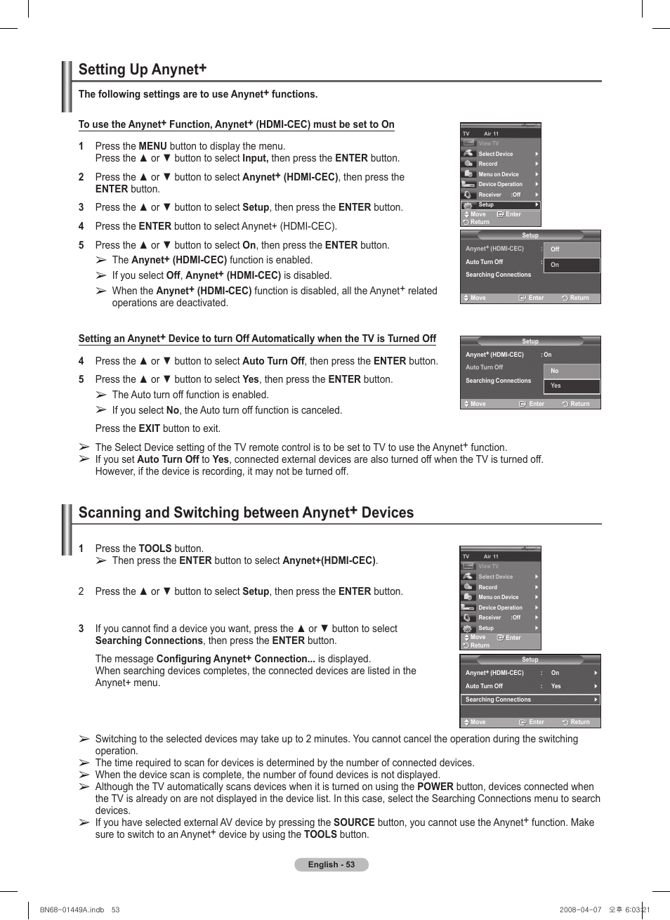 Setting up anynet, Scanning and switching between anynet+ devices | Samsung PL50A450P1XZP User Manual | Page 53 / 123