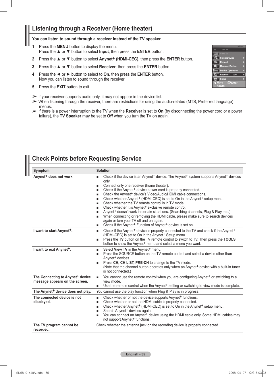 Listening through a receiver (home theater), Check points before requesting service | Samsung PL50A450P1XZP User Manual | Page 55 / 123