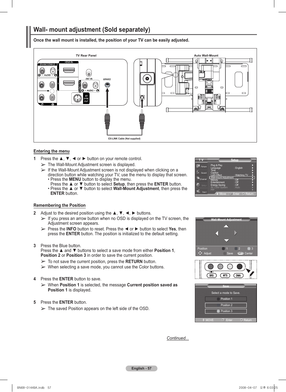 Wall- mount adjustment (sold separately) | Samsung PL50A450P1XZP User Manual | Page 57 / 123