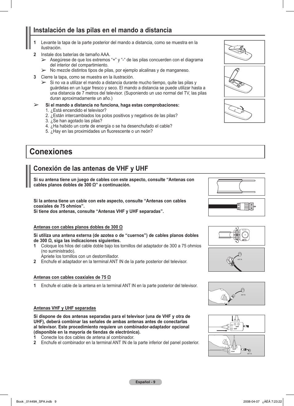 Conexiones, Conexión de las antenas de vhf y uhf, Instalación de las pilas en el mando a distancia | Samsung PL50A450P1XZP User Manual | Page 71 / 123