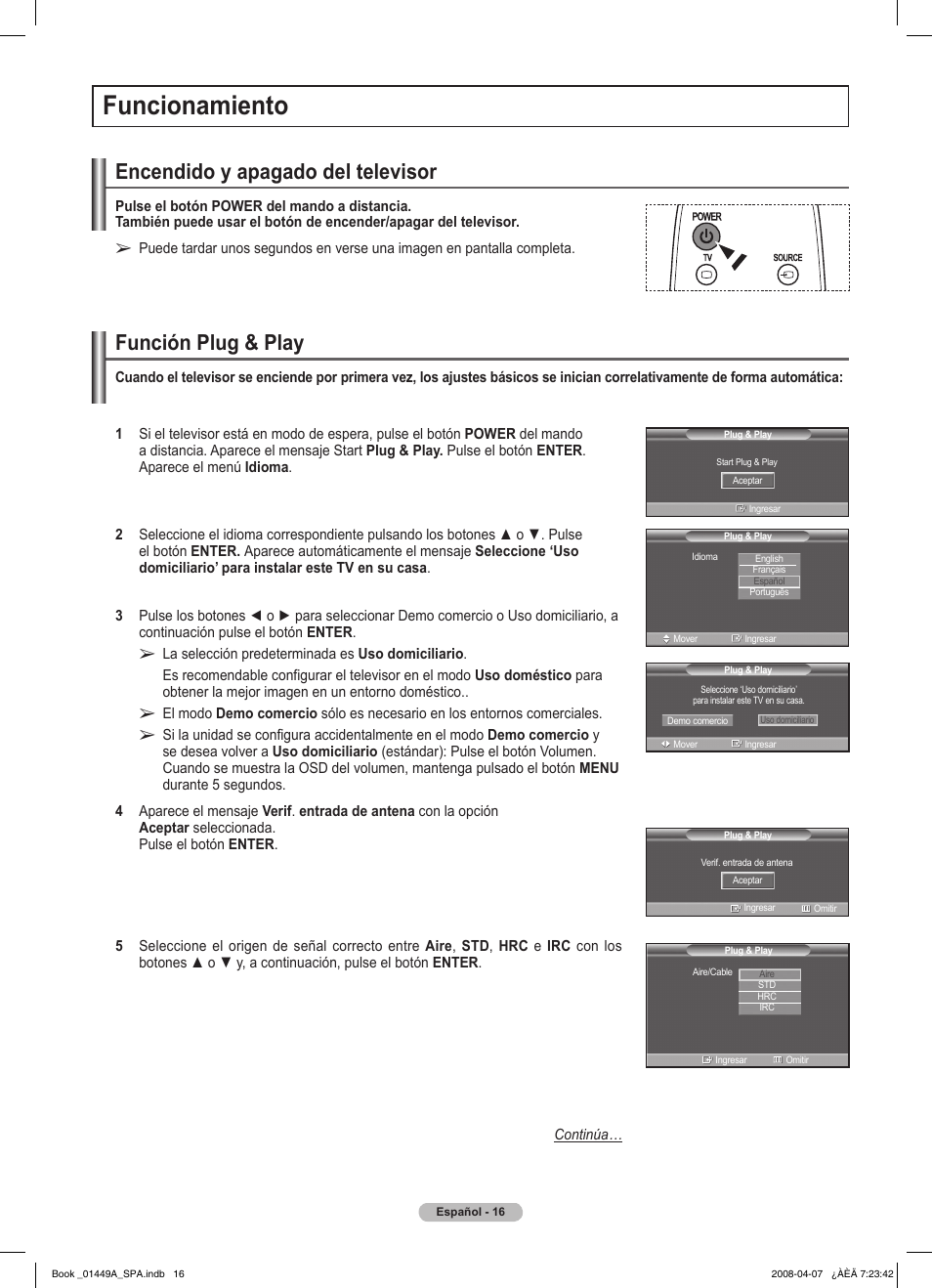 Funcionamiento, Encendido y apagado del televisor, Función plug & play | Samsung PL50A450P1XZP User Manual | Page 78 / 123