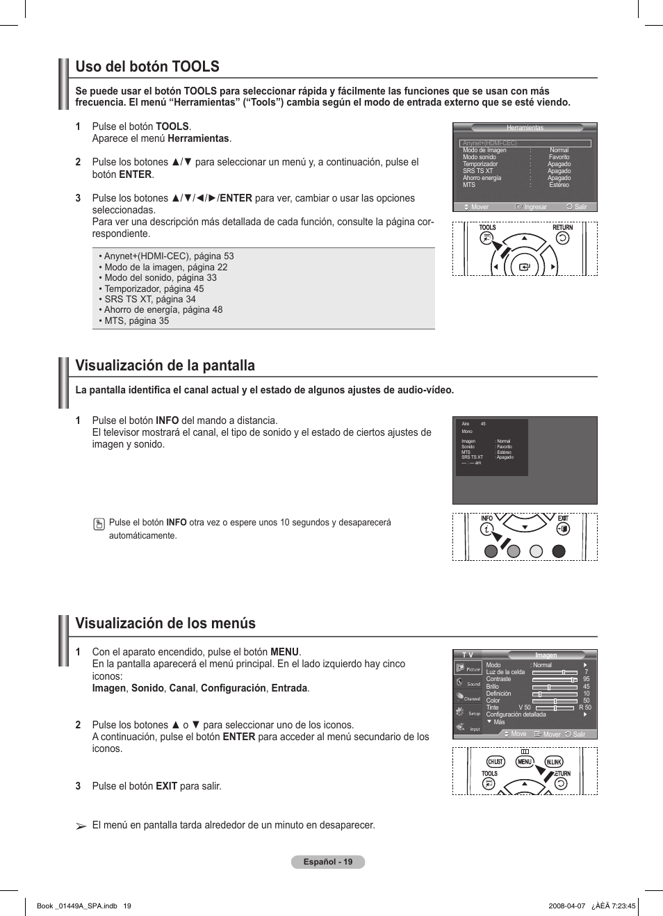 Uso del botón tools, Visualización de la pantalla, Visualización de los menús | Samsung PL50A450P1XZP User Manual | Page 81 / 123