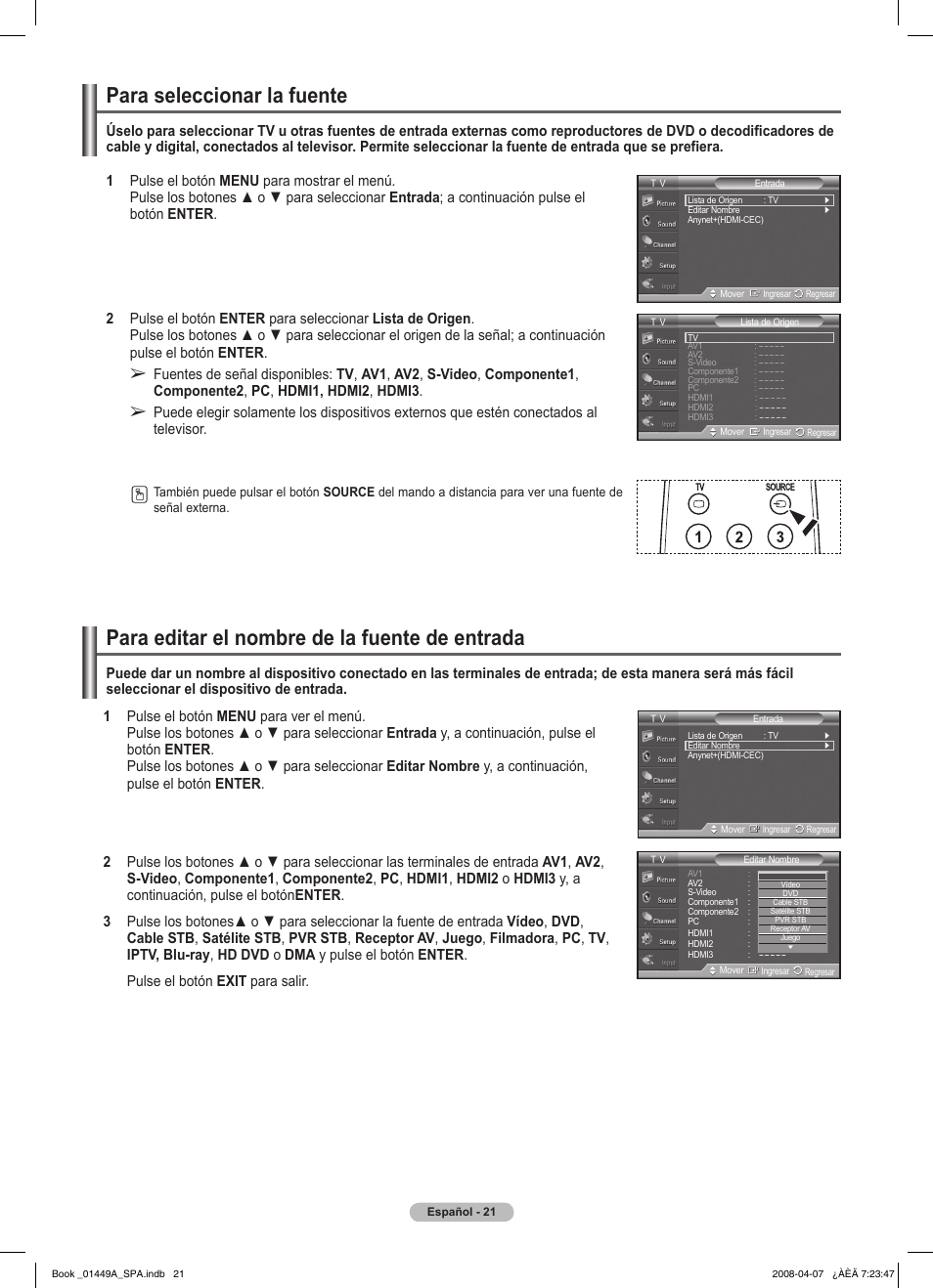 Para seleccionar la fuente, Para editar el nombre de la fuente de entrada | Samsung PL50A450P1XZP User Manual | Page 83 / 123