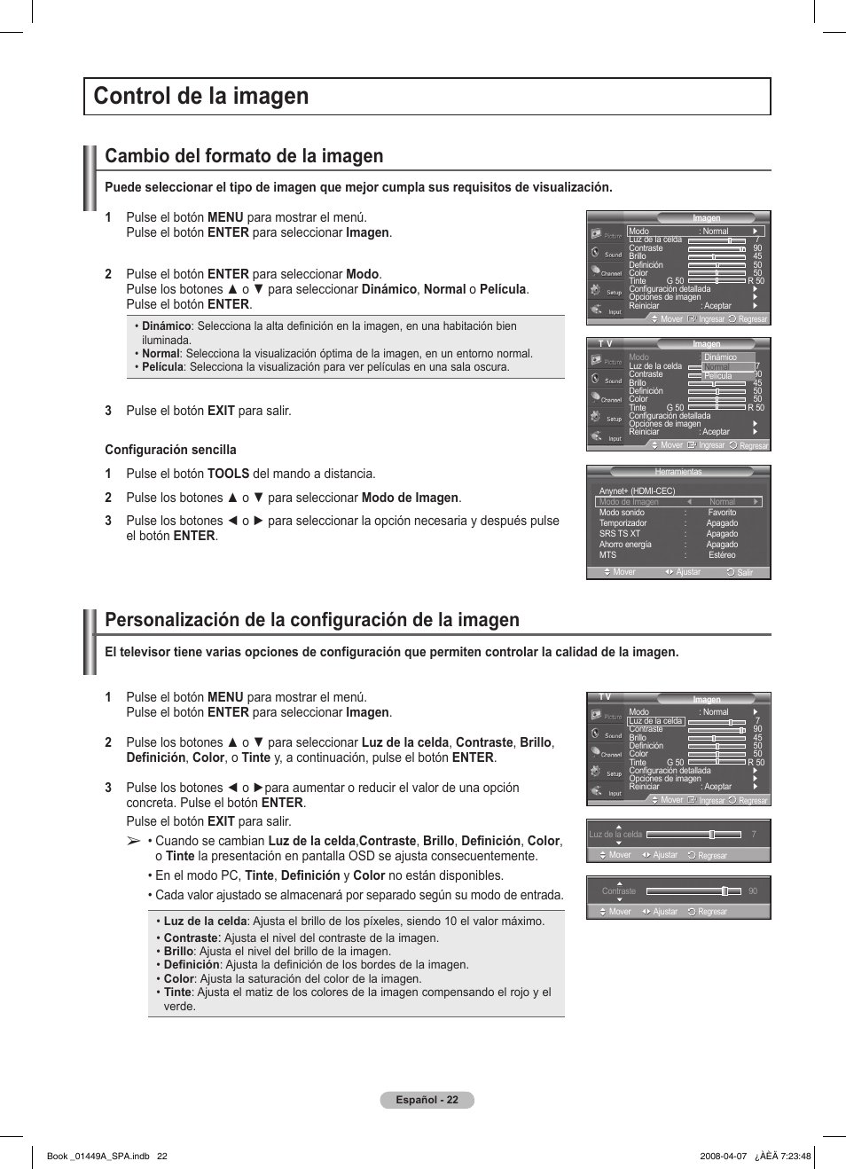 Control de la imagen, Cambio del formato de la imagen, Personalización de la configuración de la imagen | Samsung PL50A450P1XZP User Manual | Page 84 / 123