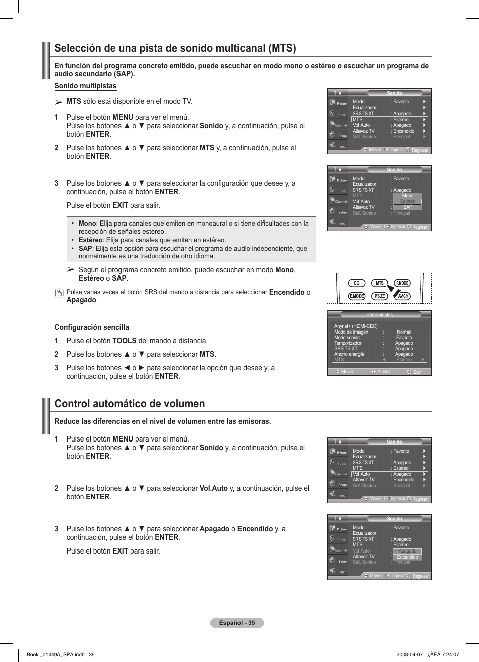 Selección de una pista de sonido multicanal (mts), Control automático de volumen | Samsung PL50A450P1XZP User Manual | Page 97 / 123