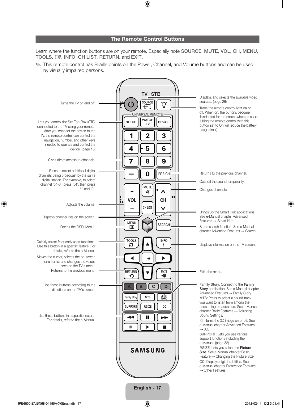 The remote control buttons | Samsung PN60E6500EFXZA User Manual | Page 17 / 43