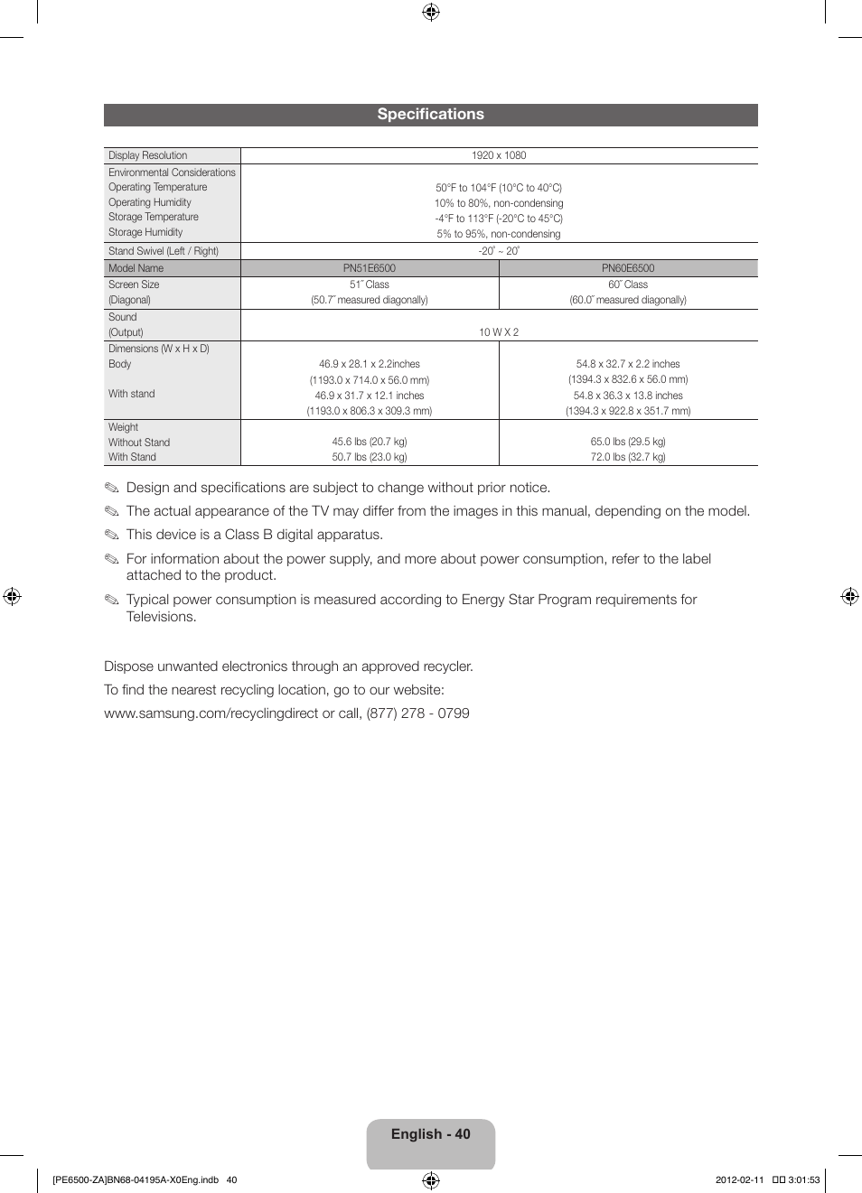 Samsung PN60E6500EFXZA User Manual | Page 40 / 43