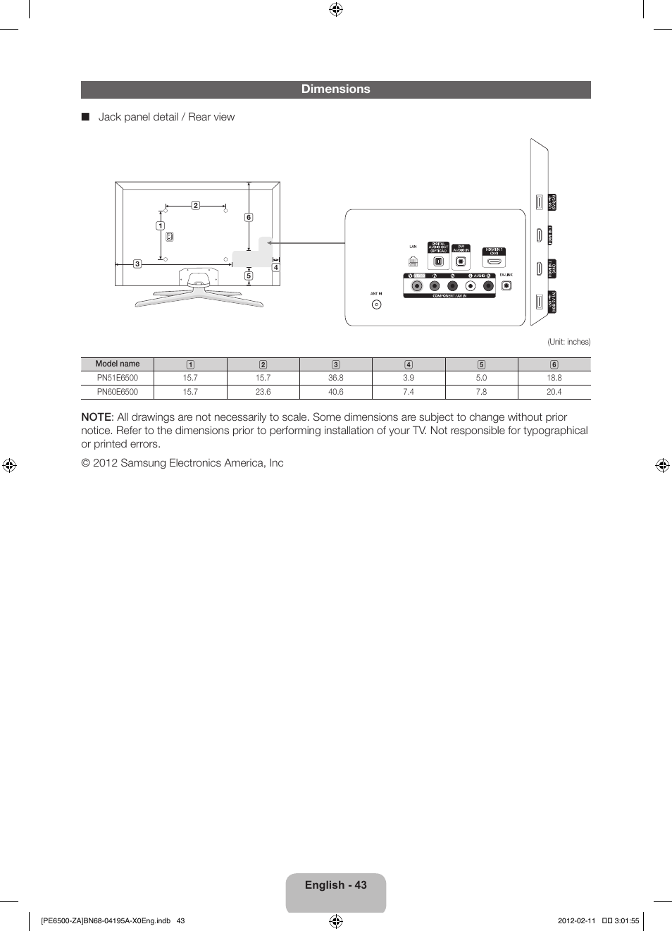 Dimensions | Samsung PN60E6500EFXZA User Manual | Page 43 / 43