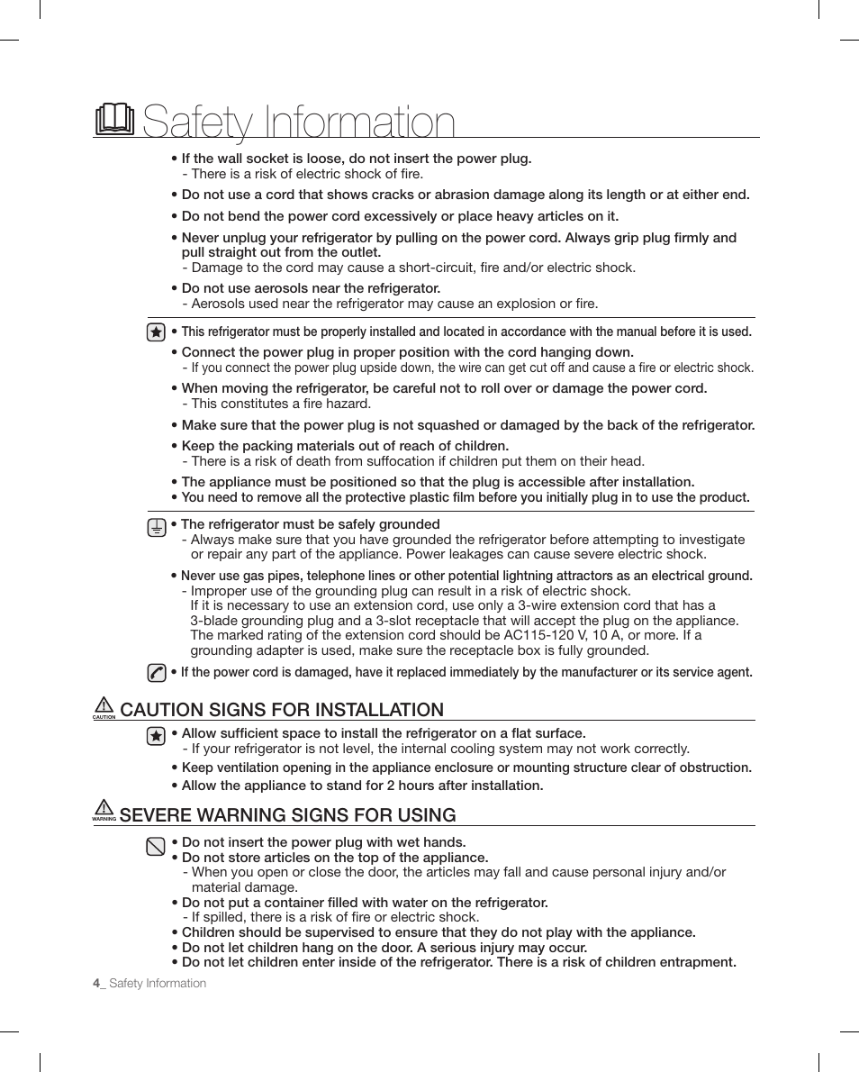 Caution signs for insta llation, Severe wa rning signs for using, Safety information | Caution signs for installation, Severe warning signs for using | Samsung RFG298AARS-XAA User Manual | Page 4 / 42
