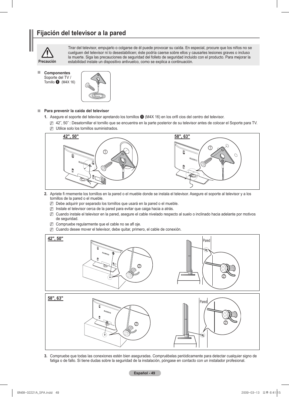 경고 주의 경고 주의, Fijación del televisor a la pared | Samsung PN58B560T5FXZA User Manual | Page 102 / 107