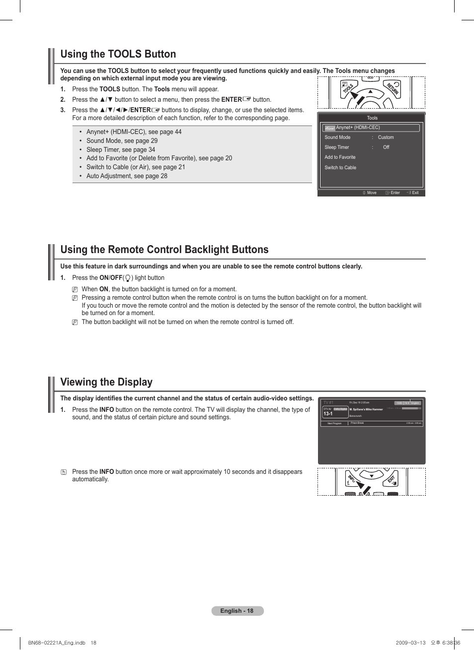 Using the tools button, Using the remote control backlight buttons, Viewing the display | Samsung PN58B560T5FXZA User Manual | Page 18 / 107