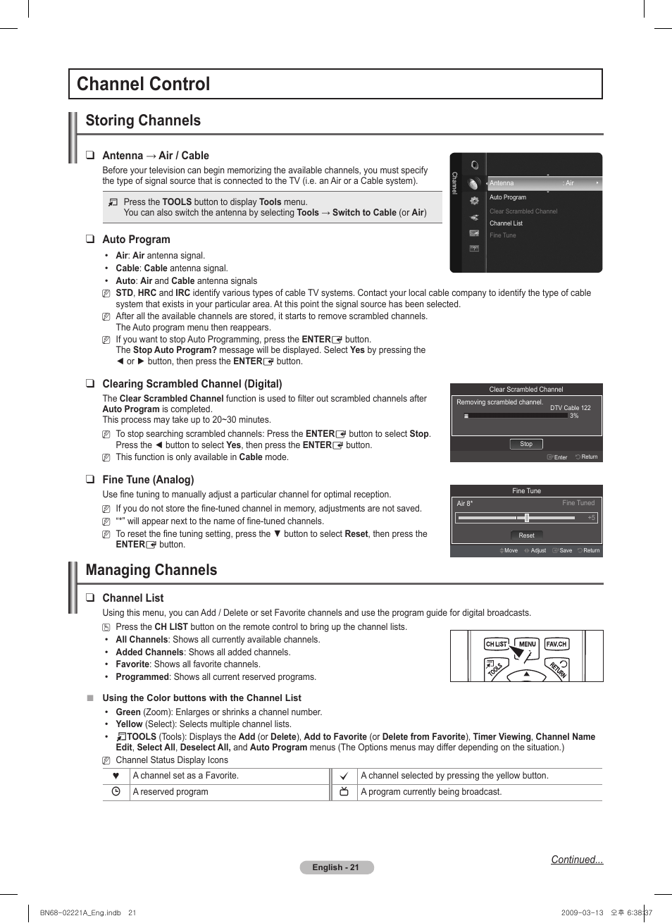 Channel control, Storing channels, Managing channels | Antenna→air/cable, Auto program, Clearing scrambled channel (digital), Fine tune (analog), Channel list | Samsung PN58B560T5FXZA User Manual | Page 21 / 107