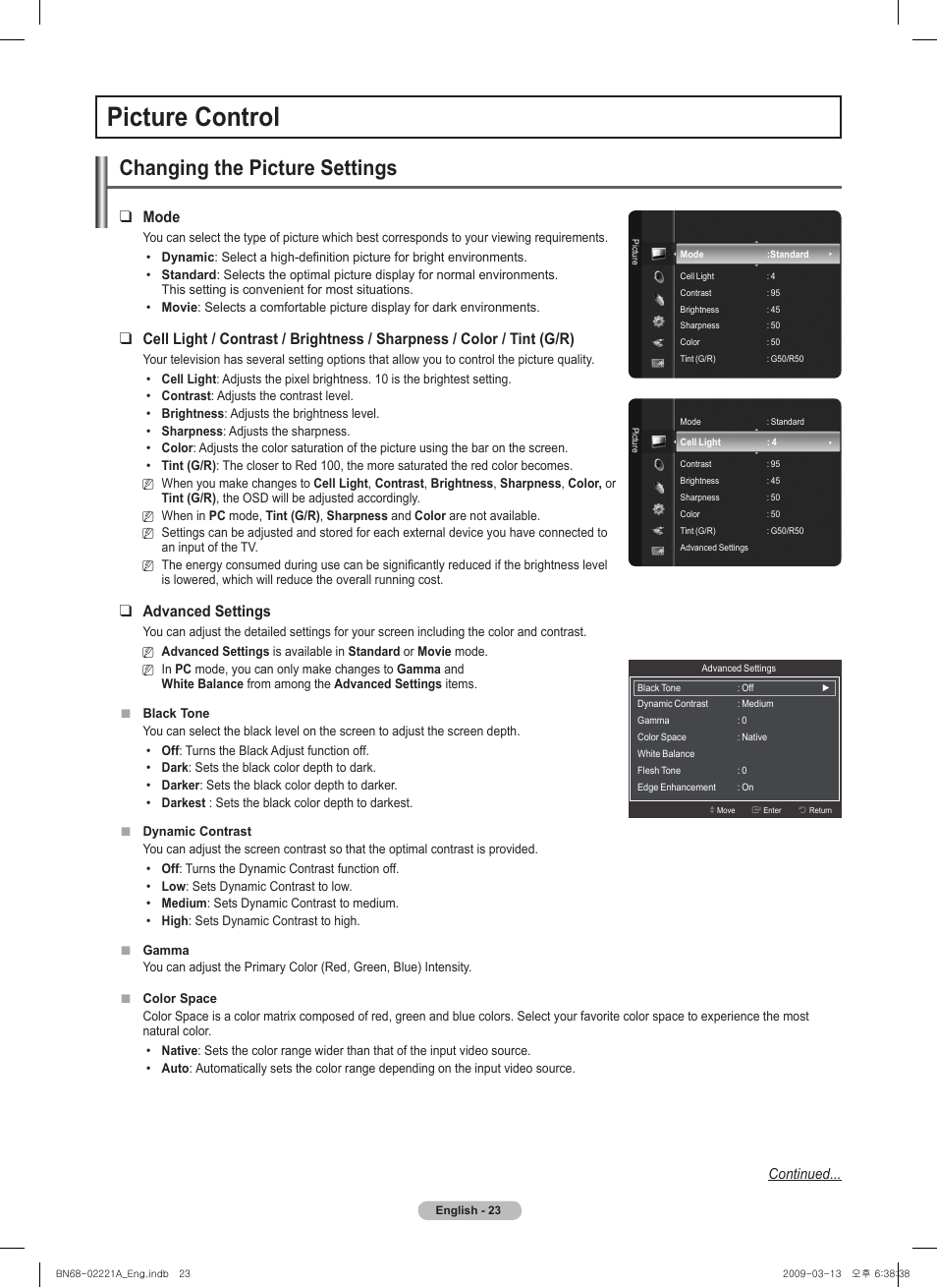 Picture control, Changing the picture settings, Mode | Advanced settings | Samsung PN58B560T5FXZA User Manual | Page 23 / 107