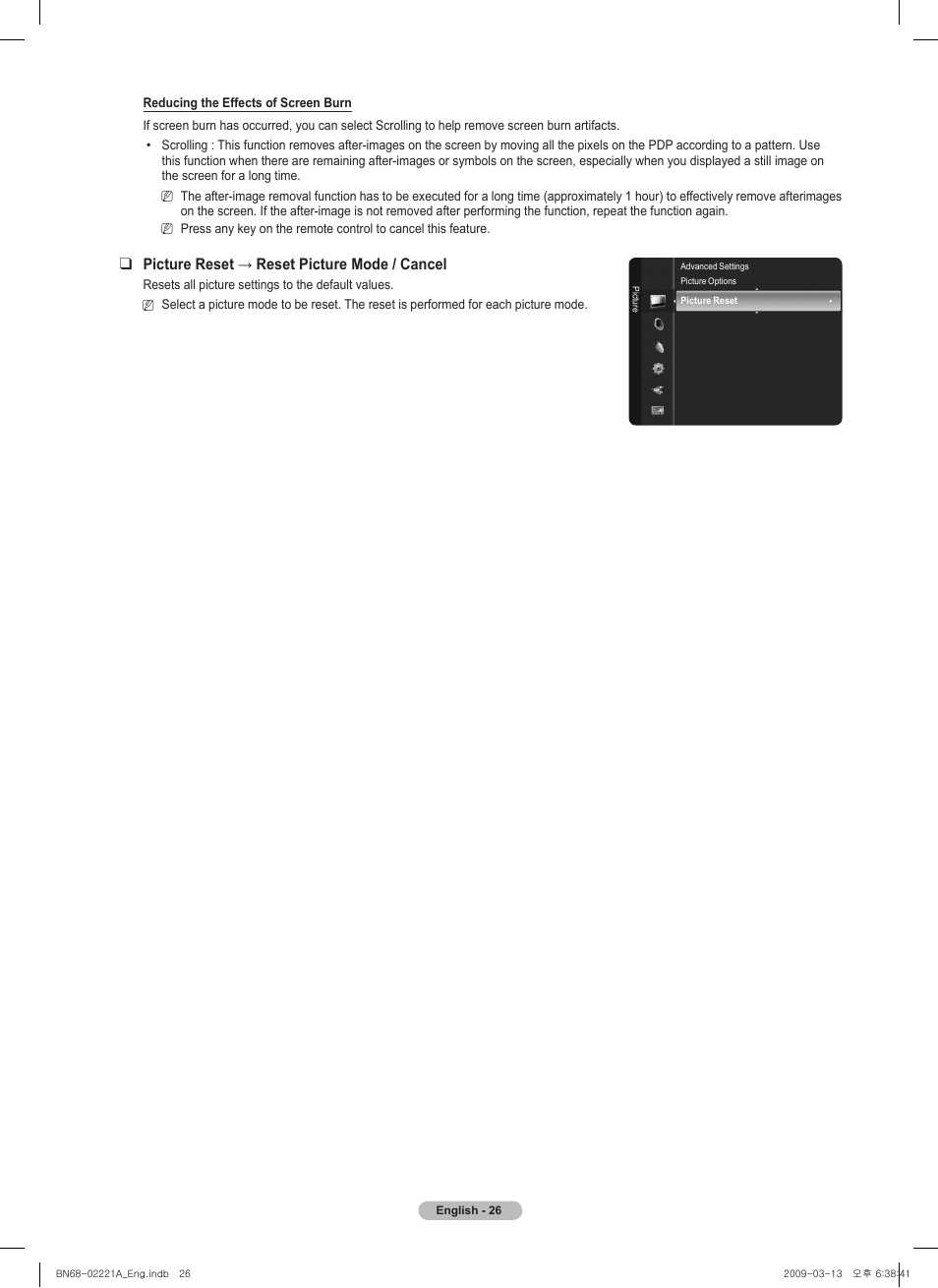 Picturereset→resetpicturemode/cancel | Samsung PN58B560T5FXZA User Manual | Page 26 / 107