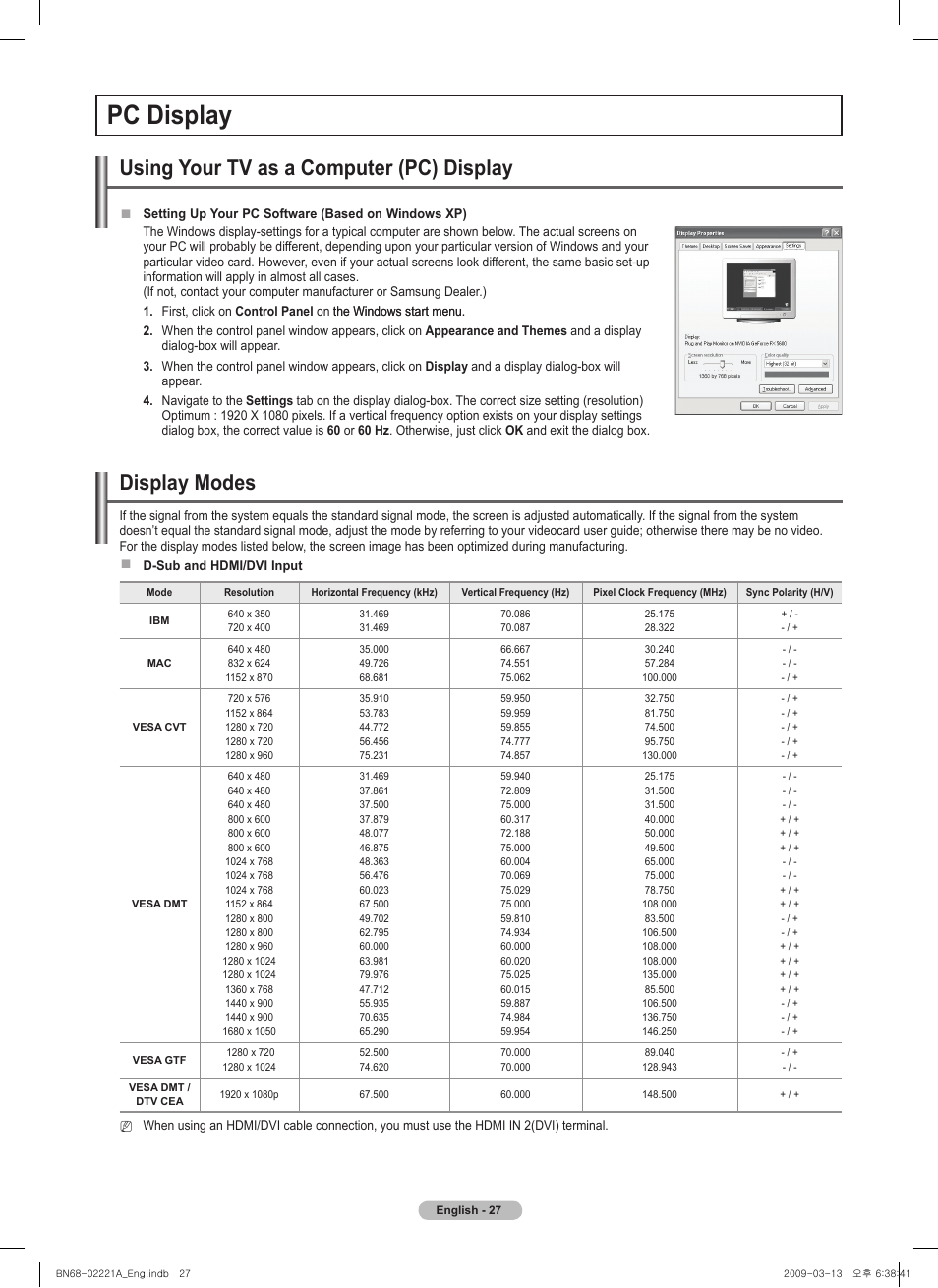 Pc display, Using your tv as a computer (pc) display, Display modes | Samsung PN58B560T5FXZA User Manual | Page 27 / 107