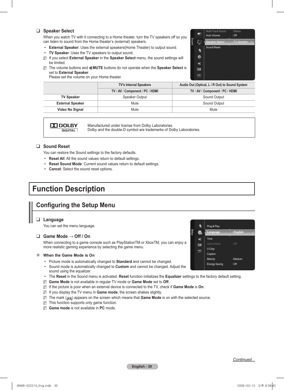 Function description, Configuring the setup menu, Speaker select | Sound reset, Language, Gamemode→off/on | Samsung PN58B560T5FXZA User Manual | Page 30 / 107