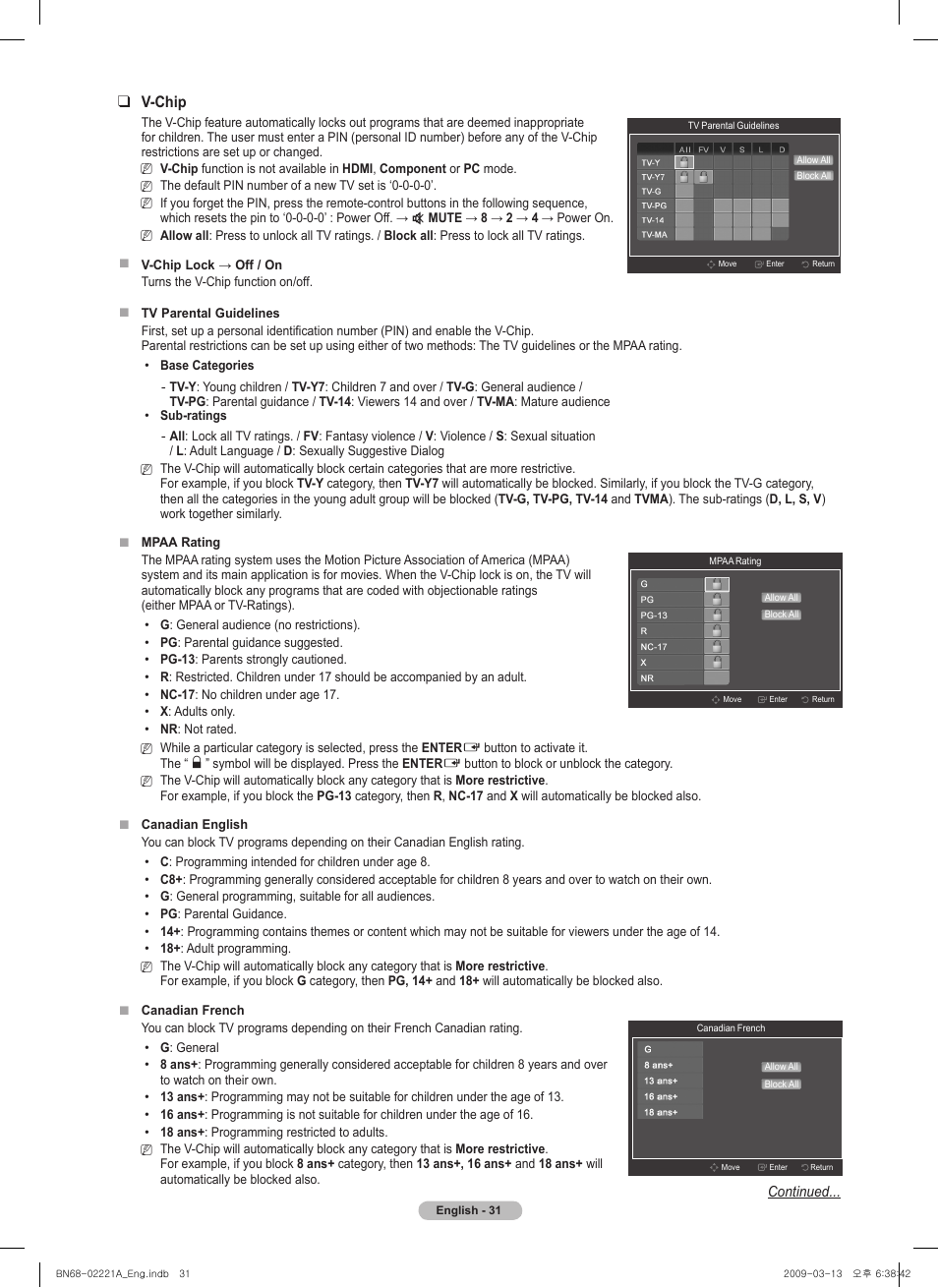 V-chip | Samsung PN58B560T5FXZA User Manual | Page 31 / 107
