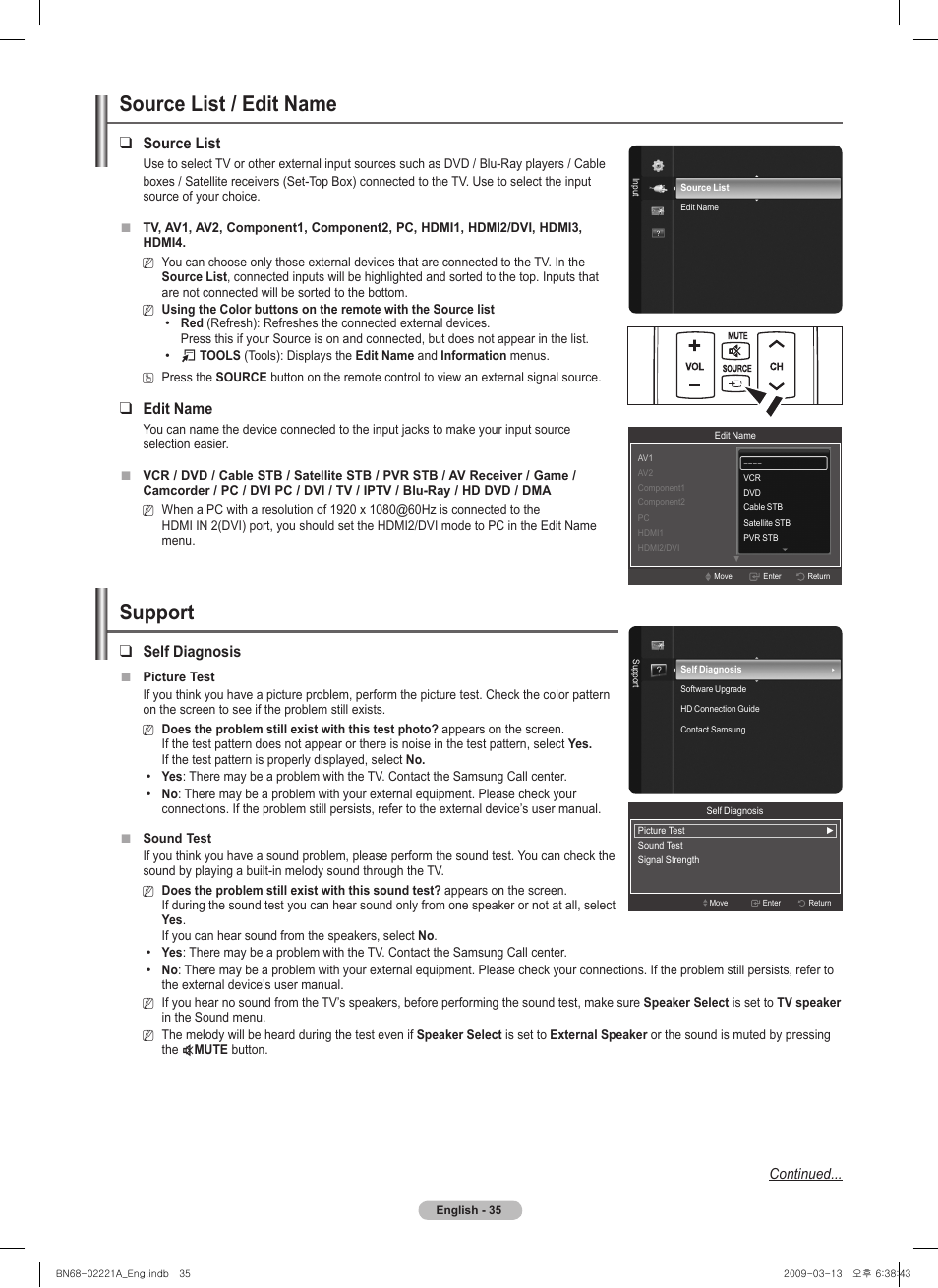 Source list / edit name, Support, Source list | Edit name, Self diagnosis | Samsung PN58B560T5FXZA User Manual | Page 35 / 107