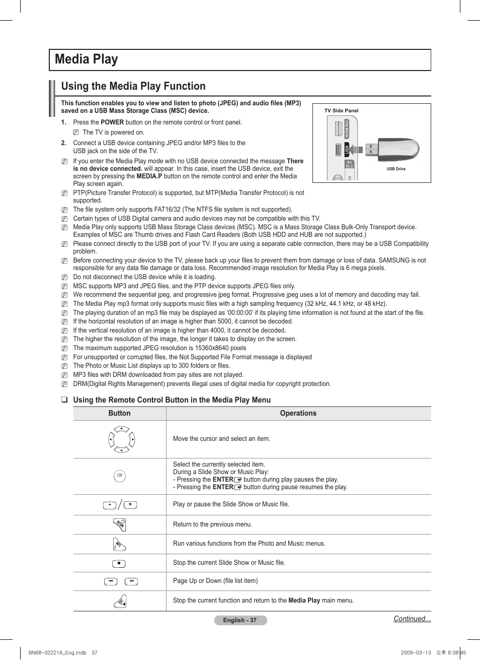 Media play, Using the media play function | Samsung PN58B560T5FXZA User Manual | Page 37 / 107