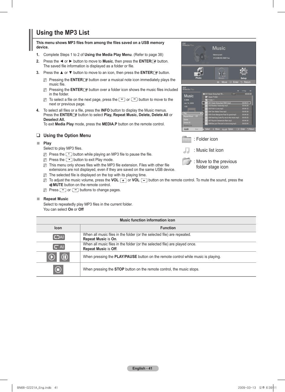 Using the mp3 list, Using the mp list, Using the option menu | Photo, Music | Samsung PN58B560T5FXZA User Manual | Page 41 / 107