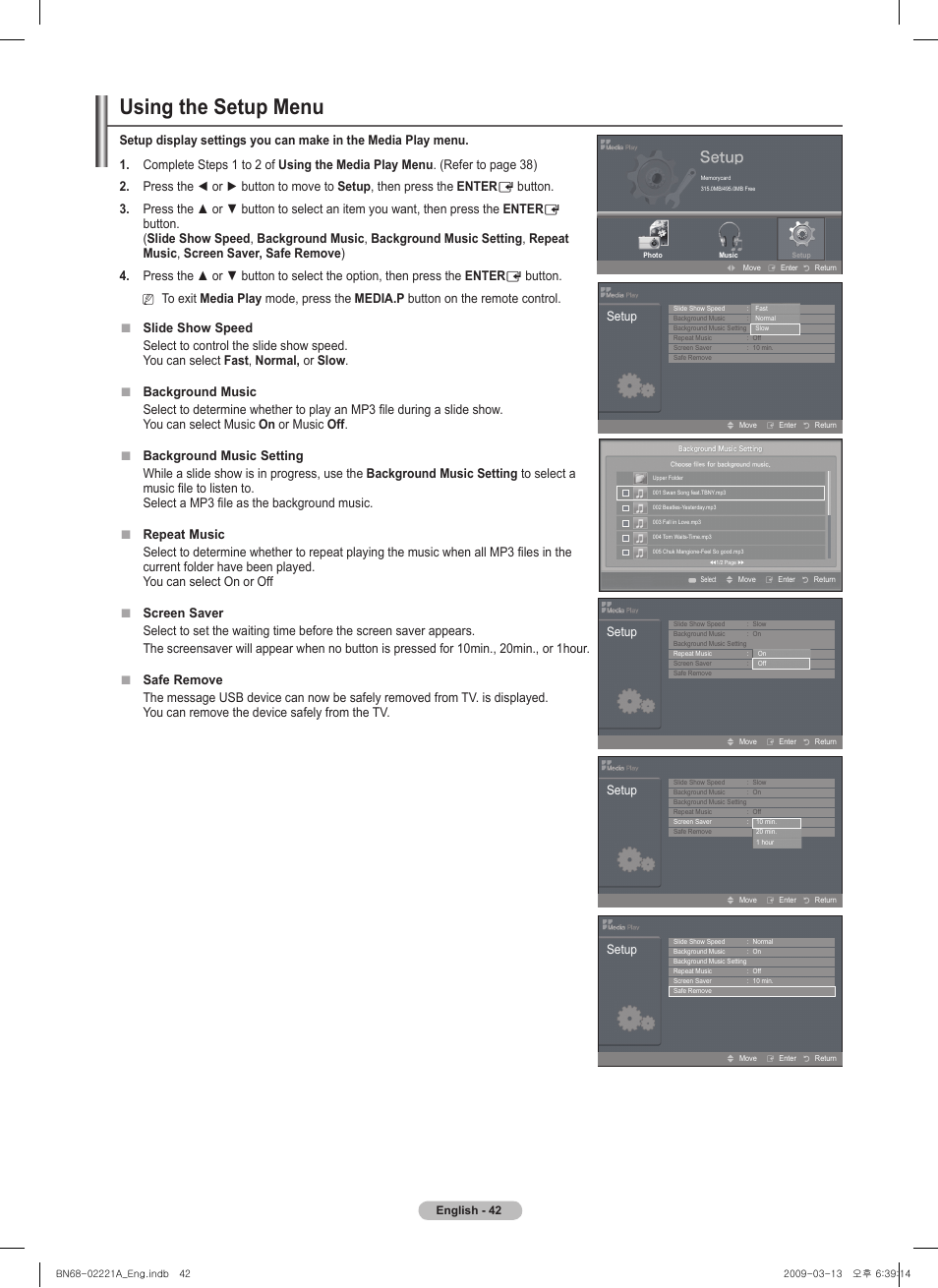 Using the setup menu, Setup | Samsung PN58B560T5FXZA User Manual | Page 42 / 107