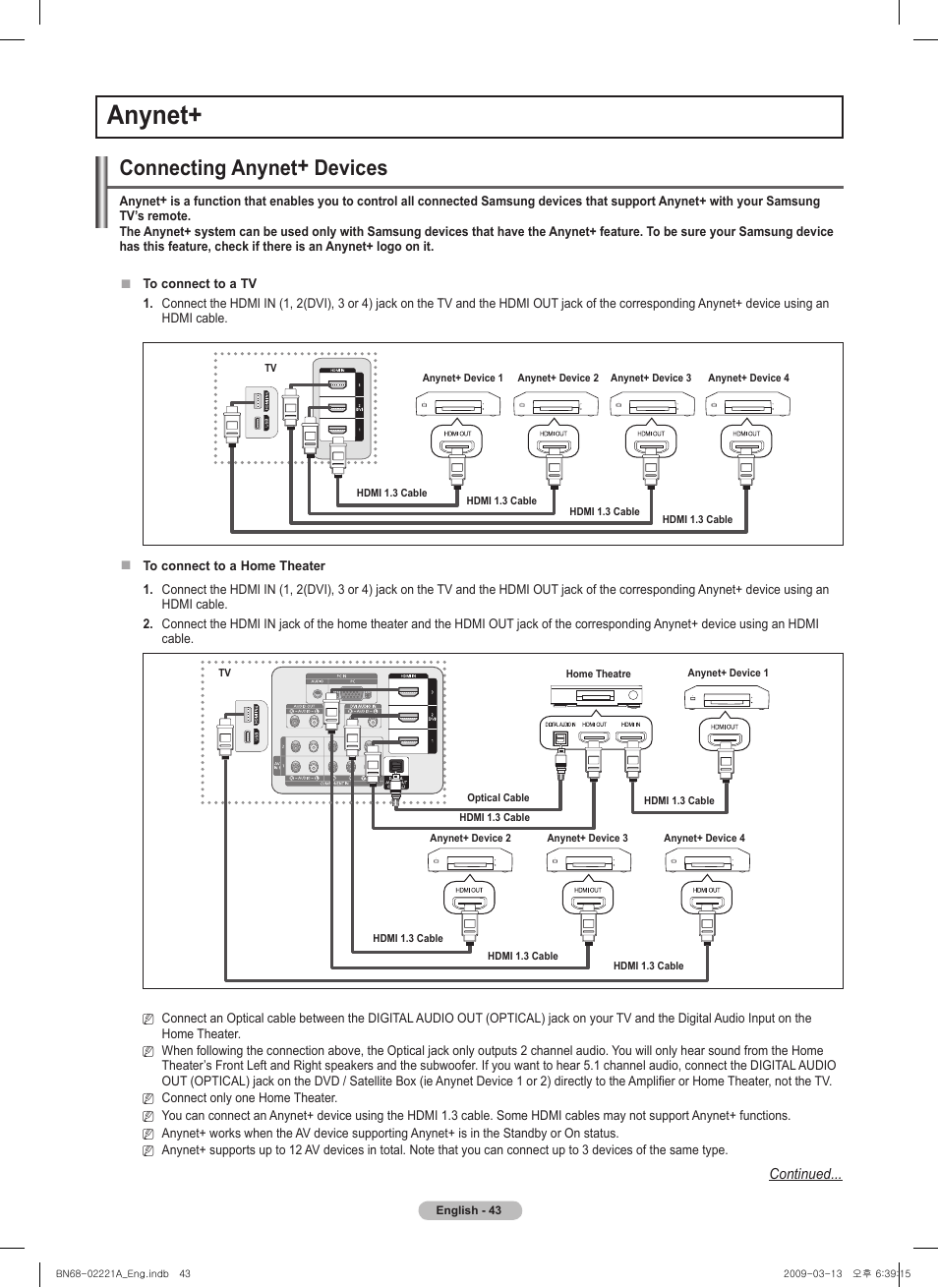 Anynet, Connecting anynet+ devices, Continued | Samsung PN58B560T5FXZA User Manual | Page 43 / 107