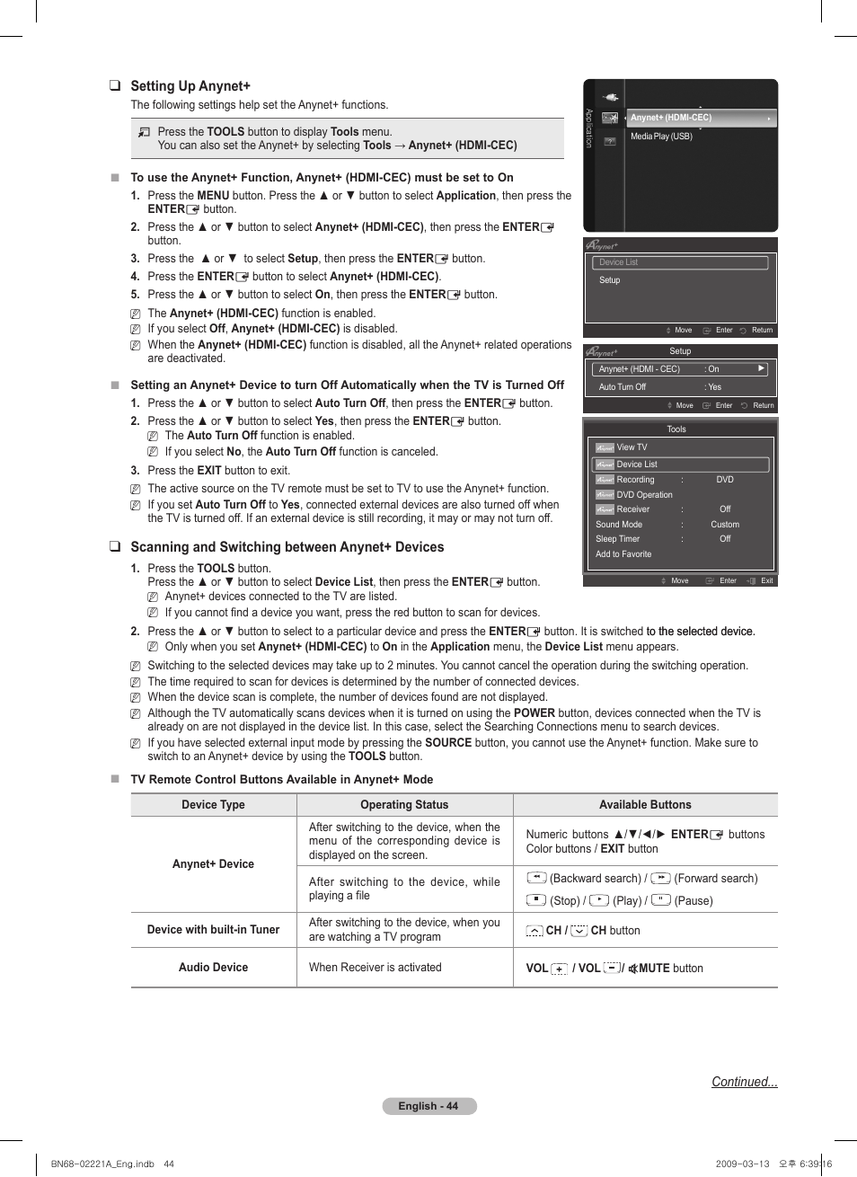 Setting up anynet, Scanning and switching between anynet+ devices | Samsung PN58B560T5FXZA User Manual | Page 44 / 107