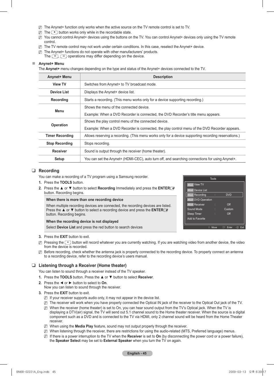 Recording, Listening through a receiver (home theater) | Samsung PN58B560T5FXZA User Manual | Page 45 / 107