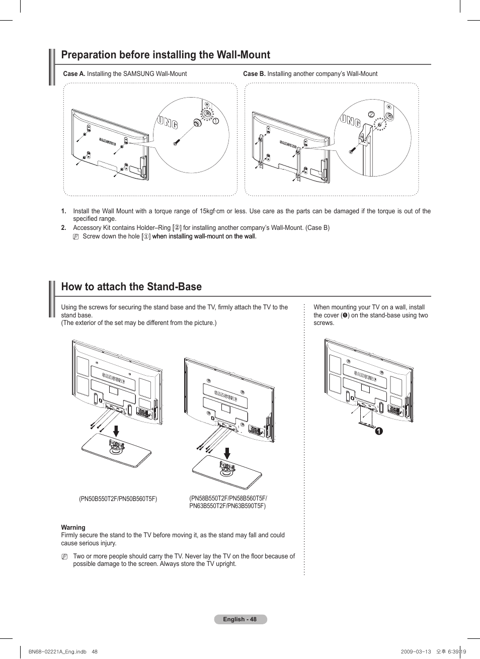 Preparation before installing the wall-mount, How to attach the stand-base | Samsung PN58B560T5FXZA User Manual | Page 48 / 107