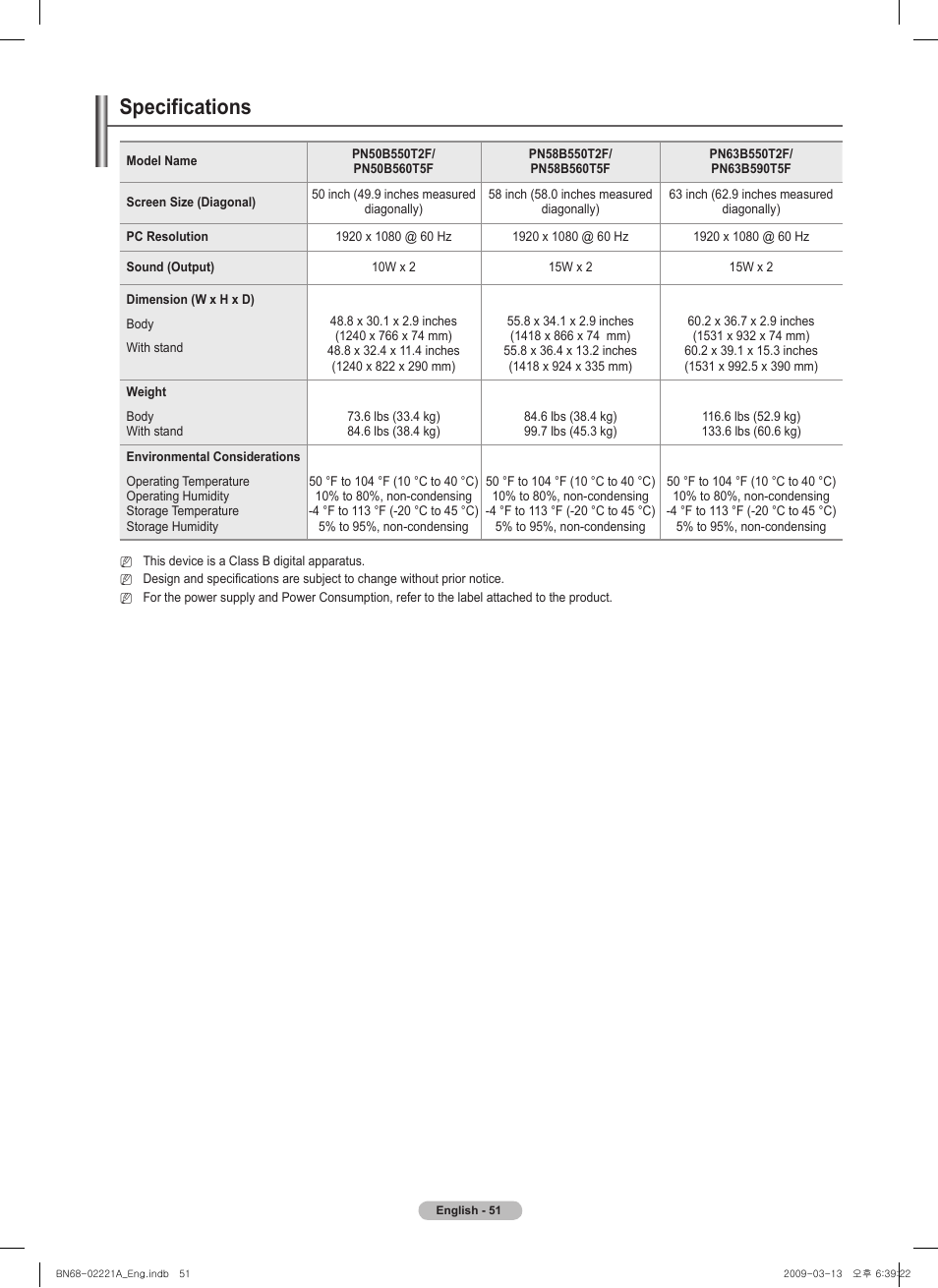 Specifications | Samsung PN58B560T5FXZA User Manual | Page 51 / 107