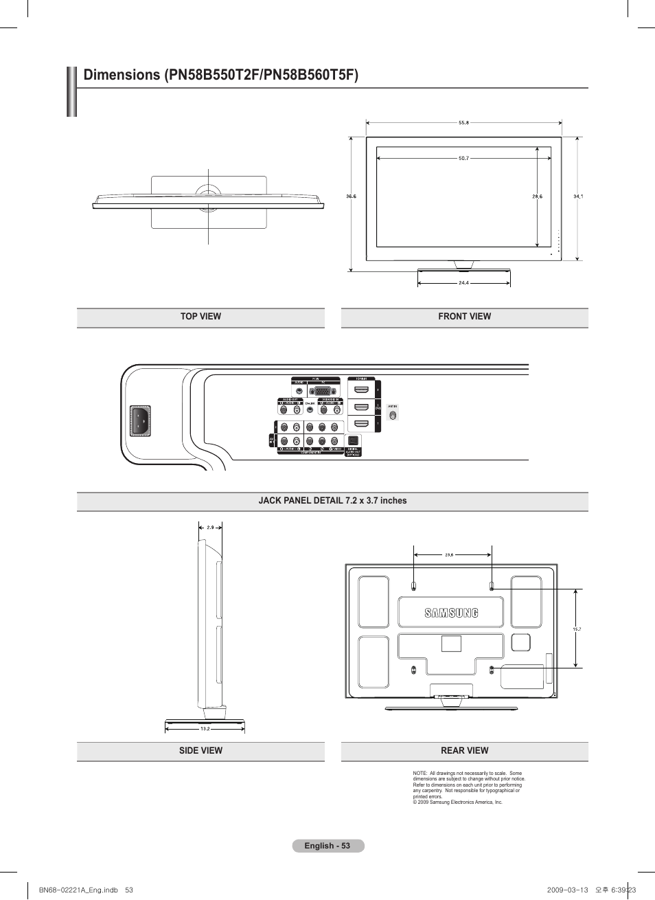 Dimensions (pn58b550t2f/pn58b560t5f) | Samsung PN58B560T5FXZA User Manual | Page 53 / 107