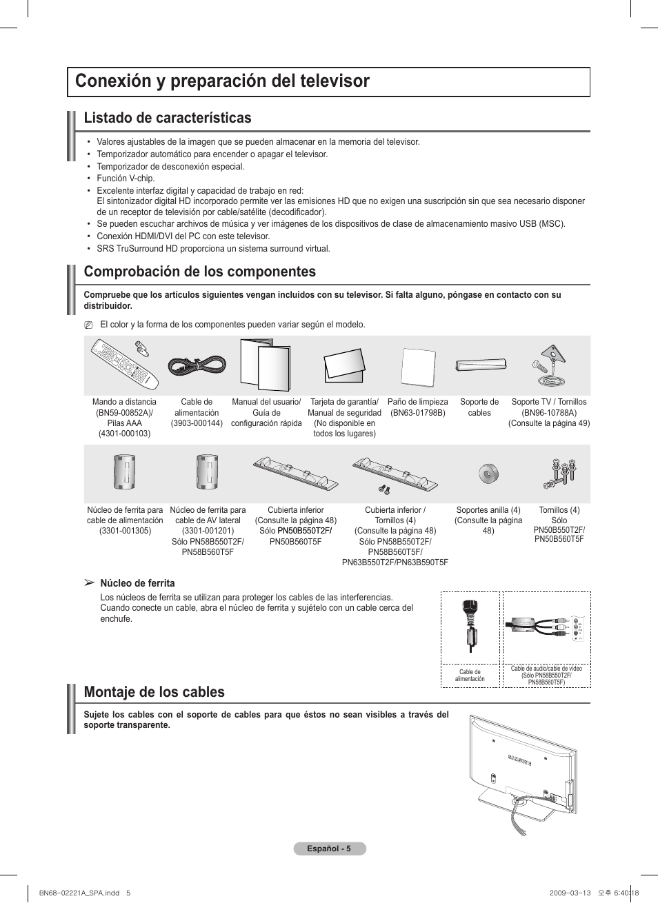 Conexión y preparación del televisor, Listado de características, Comprobación de los componentes | Montaje de los cables | Samsung PN58B560T5FXZA User Manual | Page 58 / 107