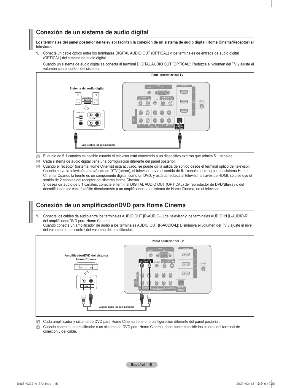 Conexión de un sistema de audio digital, Conexión de un amplificador/dvd para home cinema | Samsung PN58B560T5FXZA User Manual | Page 68 / 107