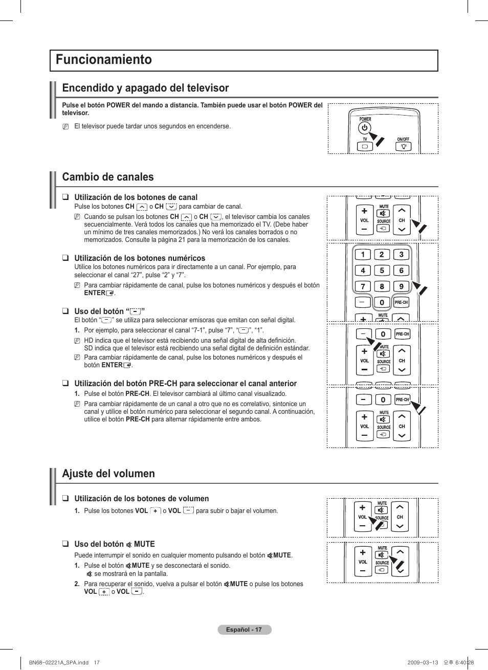 Funcionamiento, Encendido y apagado del televisor, Cambio de canales | Ajuste del volumen | Samsung PN58B560T5FXZA User Manual | Page 70 / 107