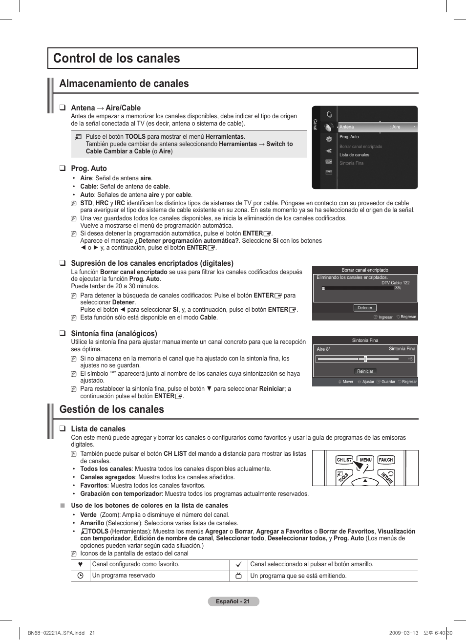 Control de los canales, Almacenamiento de canales, Gestión de los canales | Antena→aire/cable, Prog. auto, Supresión de los canales encriptados (digitales), Sintonía fina (analógicos), Lista de canales | Samsung PN58B560T5FXZA User Manual | Page 74 / 107