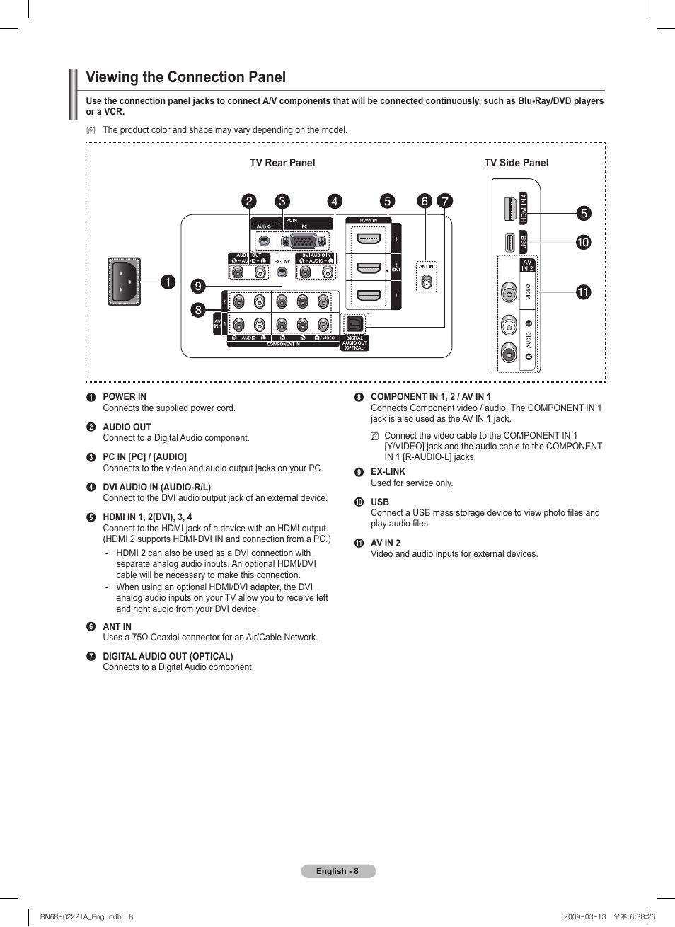 Viewing the connection panel | Samsung PN58B560T5FXZA User Manual | Page 8 / 107